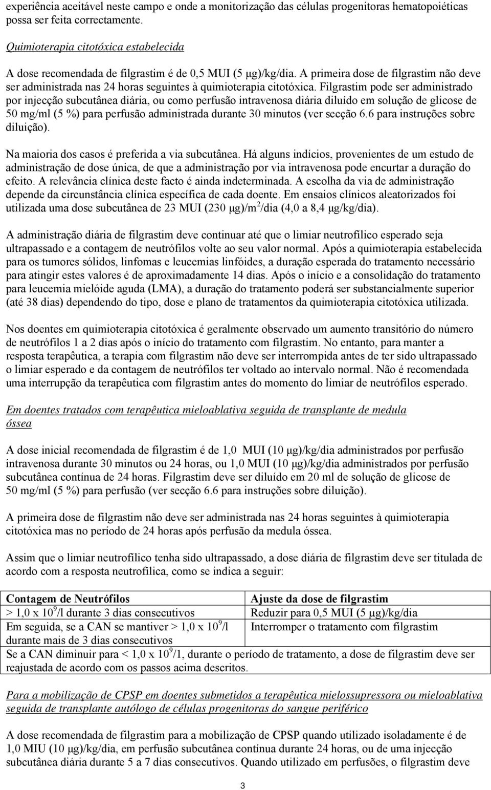 A primeira dose de filgrastim não deve ser administrada nas 24 horas seguintes à quimioterapia citotóxica.