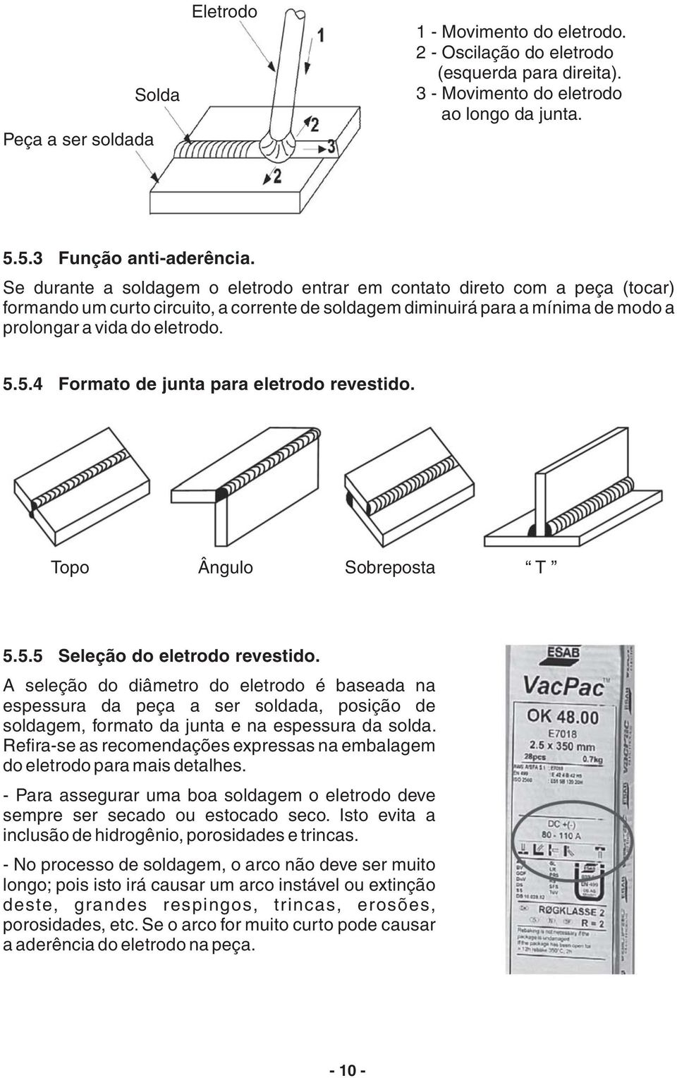 5.4 Formato de junta para eletrodo revestido. Topo Ângulo Sobreposta T 5.5.5 Seleção do eletrodo revestido.