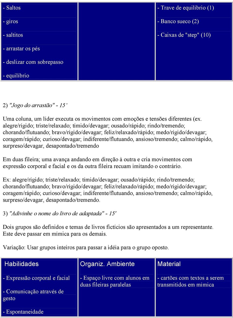 alegre/rígido; triste/relaxado; tímido/devagar; ousado/rápido; rindo/tremendo; chorando/flutuando; bravo/rígido/devagar; feliz/relaxado/rápido; medo/rígido/devagar; coragem/rápido; curioso/devagar;