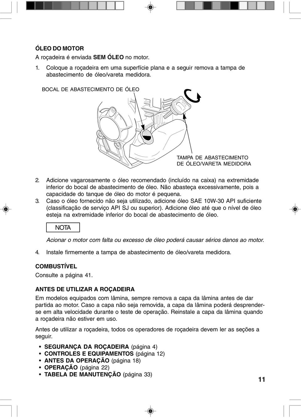 Adicione vagarosamente o óleo recomendado (incluído na caixa) na extremidade inferior do bocal de abastecimento de óleo.