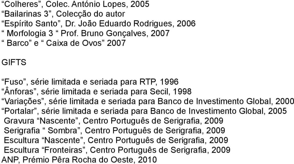 limitada e seriada para Banco de Investimento Global, 2000 Portalar, série limitada e seriada para Banco de Investimento Global, 2005 Gravura Nascente, Centro Português de