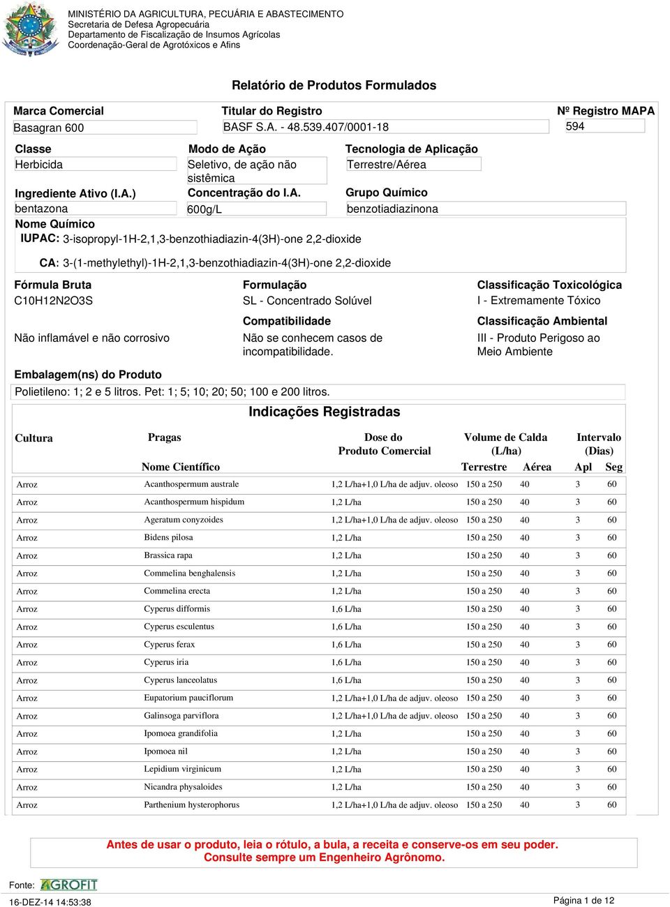 -(1-methylethyl)-1H-2,1,-benzothiadiazin-4(H)-one 2,2-dioxide benzotiadiazinona Fórmula Bruta C10H12N2OS Não inflamável e não corrosivo Formulação SL - Concentrado Solúvel Compatibilidade Não se