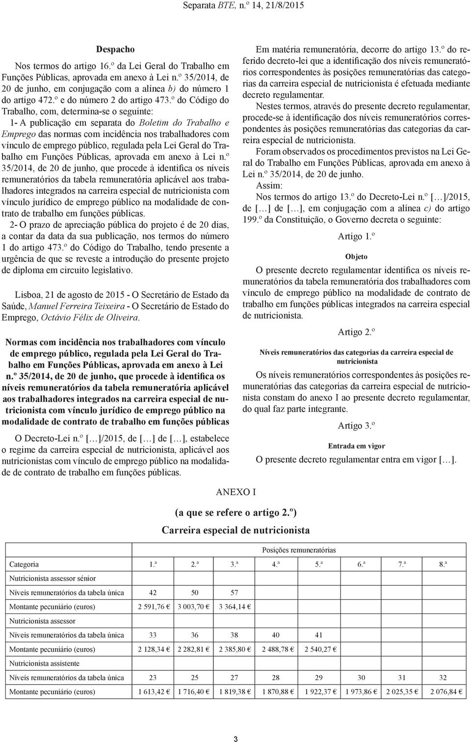 º integrados na carreira especial de nutricionista com vínculo jurídico de emprego público na modalidade de contrato de trabalho em funções públicas.