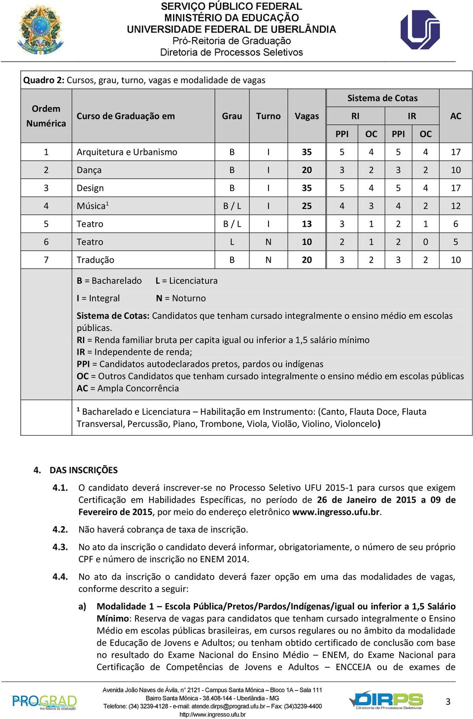 = Licenciatura N = Noturno Sistema de Cotas: Candidatos que tenham cursado integralmente o ensino médio em escolas públicas.