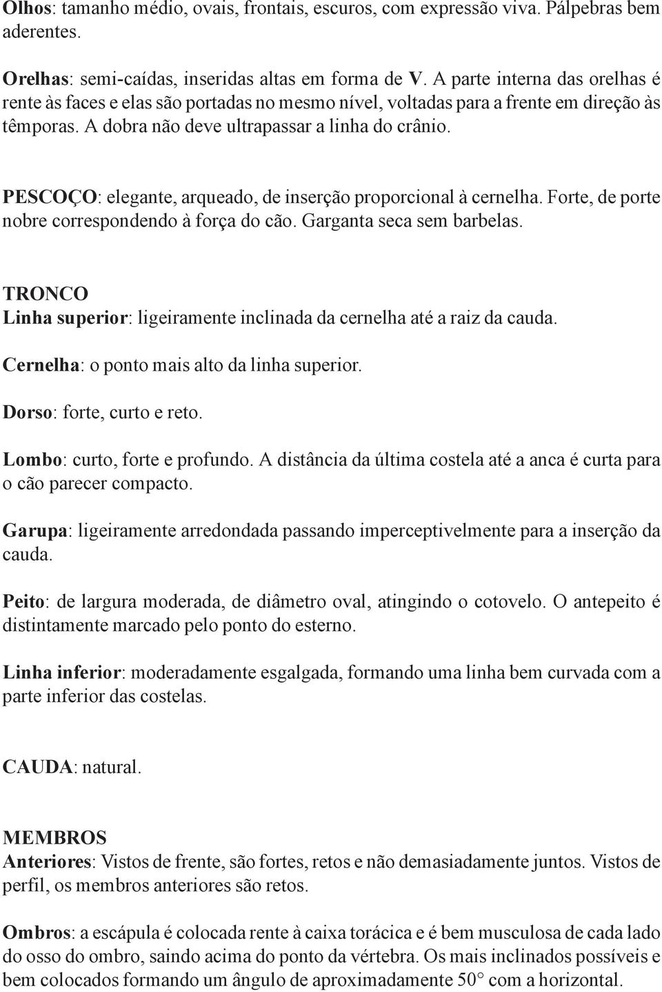 PESCOÇO: elegante, arqueado, de inserção proporcional à cernelha. Forte, de porte nobre correspondendo à força do cão. Garganta seca sem barbelas.