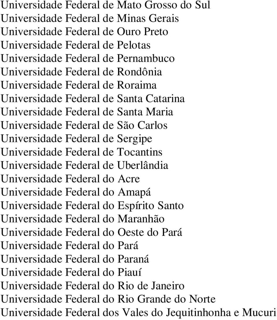 Universidade Federal de Tocantins Universidade Federal de Uberlândia Universidade Federal do Acre Universidade Federal do Amapá Universidade Federal do Espírito Santo Universidade Federal do Maranhão