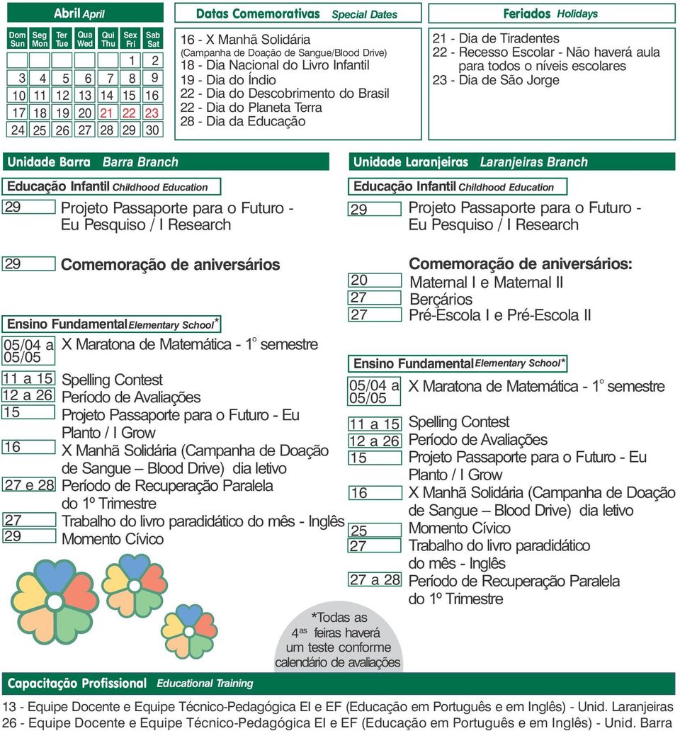 Passaprte para Futur - Eu Pesquis / I Research Eu Pesquis / I Research Cmemraçã de aniversáris 05/04 a X Maratna de Matemática - 1 semestre 05/05 11 a 15 Spelling Cntest 12 a Períd de Avaliações 15