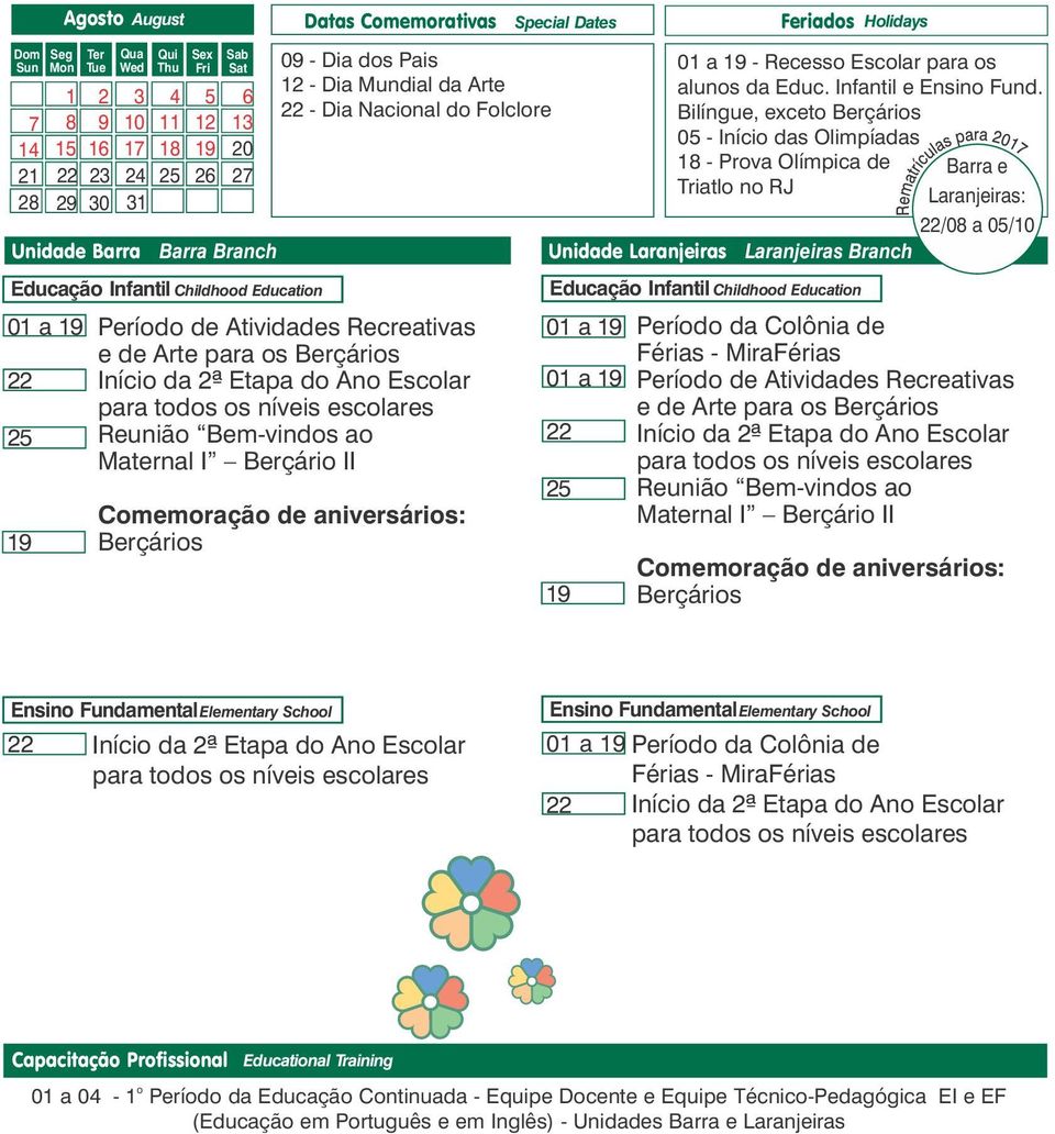 Bilíngue, excet 05 - Iníci das Olimpíadas 18 - Prva Olímpica de Triatl n RJ Barra e Laranjeiras: /08 a 05/10 01 a 19 19 Períd de Atividades Recreativas e de Arte para s Iníci da 2ª Etapa d An Esclar