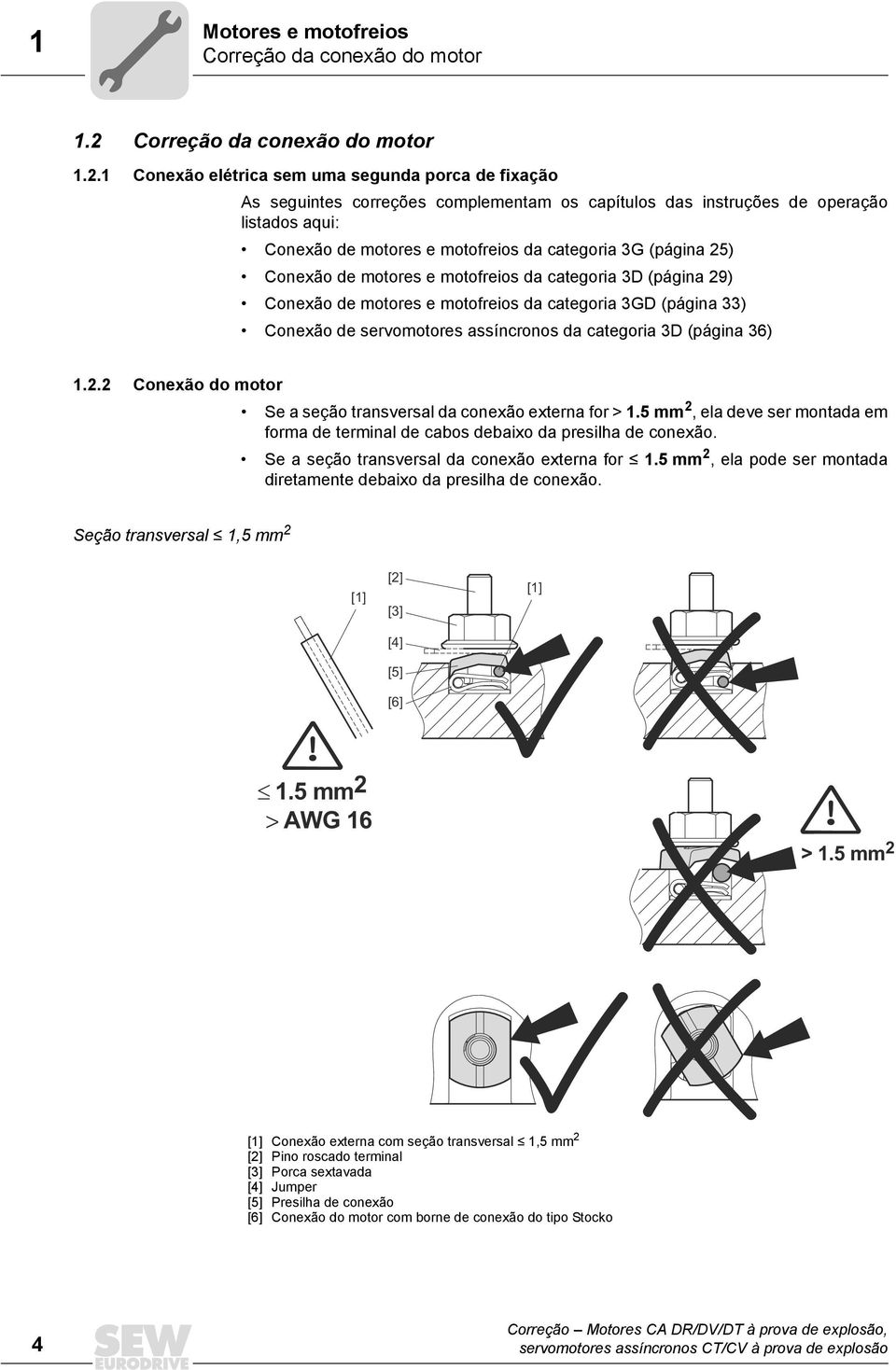 1 Conexão elétrica sem uma segunda porca de fixação As seguintes correções complementam os capítulos das instruções de operação listados aqui: Conexão de motores e motofreios da categoria 3G (página
