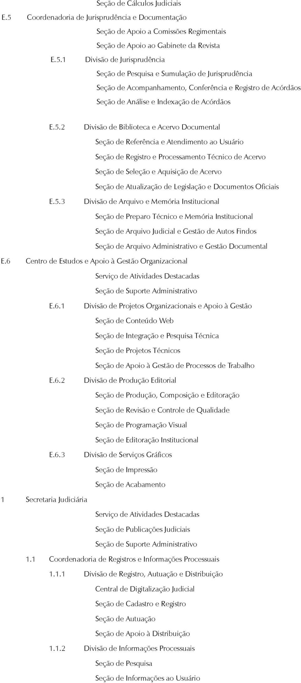 1 Divisão de Jurisprudência Seção de Pesquisa e Sumulação de Jurisprudência Seção de Acompanhamento, Conferência e Registro de Acórdãos Seção de Análise e Indexação de Acórdãos E.5.