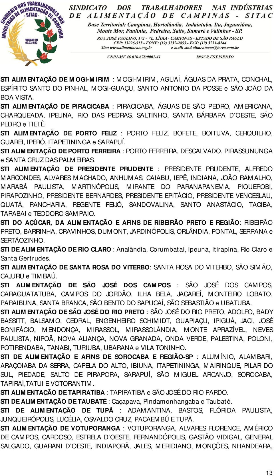 STI ALIMENTAÇÃO DE PORTO FELIZ : PORTO FELIZ, BOFETE, BOITUVA, CERQUILHO, GUAREI, IPERÓ, ITAPETININGA e SARAPUÍ.