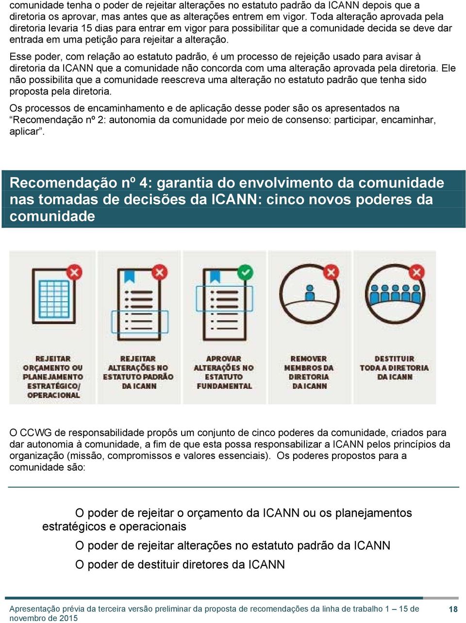 Esse poder, com relação ao estatuto padrão, é um processo de rejeição usado para avisar à diretoria da ICANN que a comunidade não concorda com uma alteração aprovada pela diretoria.