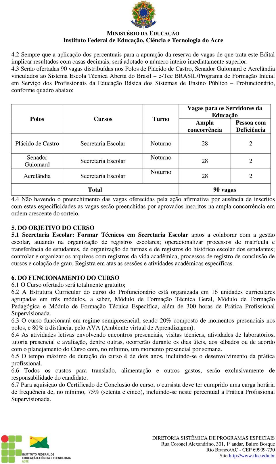 em Serviço dos Profissionais da Educação Básica dos Sistemas de Ensino Público Profuncionário, conforme quadro abaixo: Polos Cursos Turno Vagas para os Servidores da Educação Ampla Pessoa com