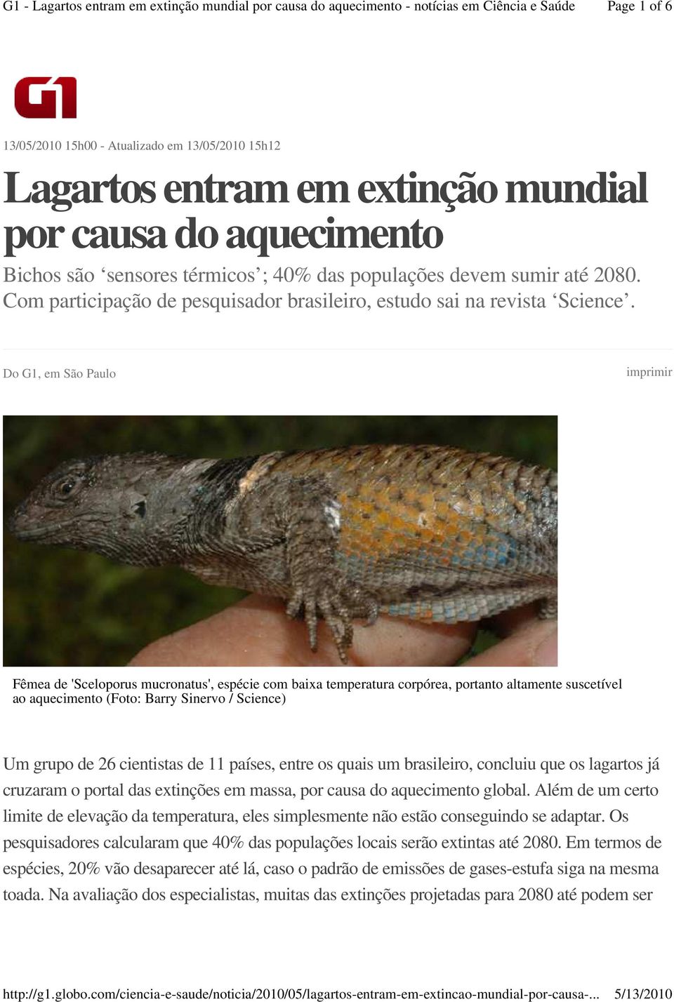 Do G1, em São Paulo imprimir Fêmea de 'Sceloporus mucronatus', espécie com baixa temperatura corpórea, portanto altamente suscetível ao aquecimento (Foto: Barry Sinervo / Science) Um grupo de 26