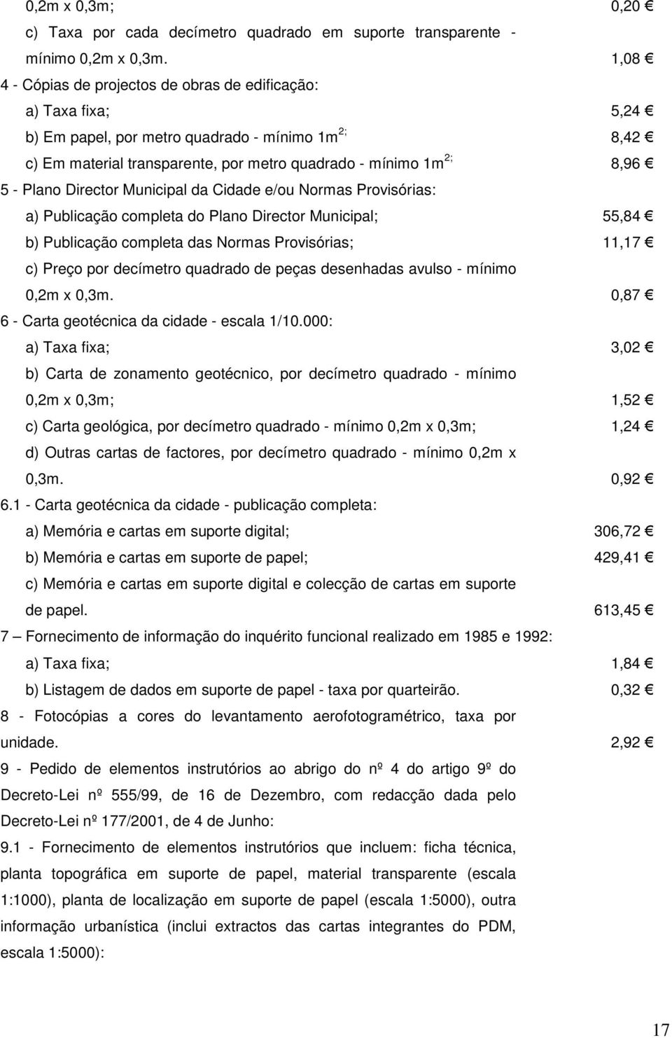 Plano Director Municipal da Cidade e/ou Normas Provisórias: a) Publicação completa do Plano Director Municipal; 55,84 b) Publicação completa das Normas Provisórias; 11,17 c) Preço por decímetro