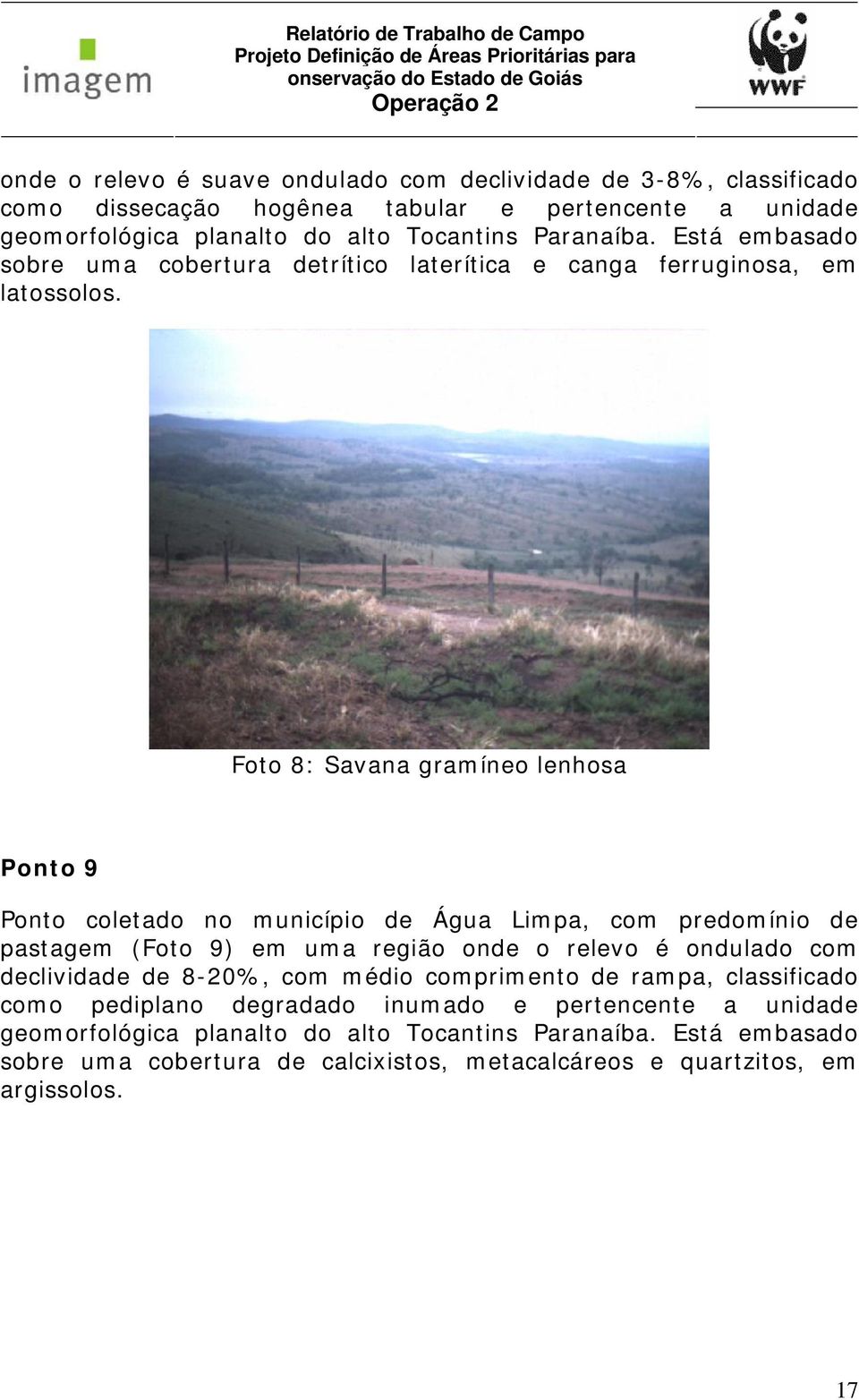 Foto 8: Savana gramíneo lenhosa Ponto 9 Ponto coletado no município de Água Limpa, com predomínio de pastagem (Foto 9) em uma região onde o relevo é ondulado com declividade