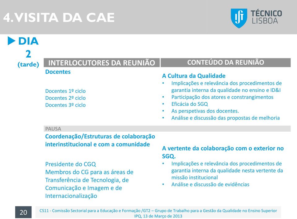 e relevância dos procedimentos de garantia interna da qualidade no ensino e ID&I Participação dos atores e constrangimentos Eficácia do SGQ As perspetivas dos docentes.