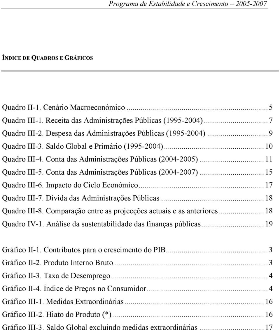 Conta das Administrações Públicas (2004-2007)...15 Quadro III-6. Impacto do Ciclo Económico...17 Quadro III-7. Dívida das Administrações Públicas...18 Quadro III-8.