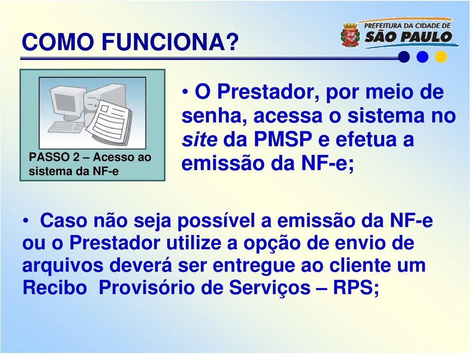 sistema no site da PMSP e efetua a emissão da NF-e; Caso não seja possível