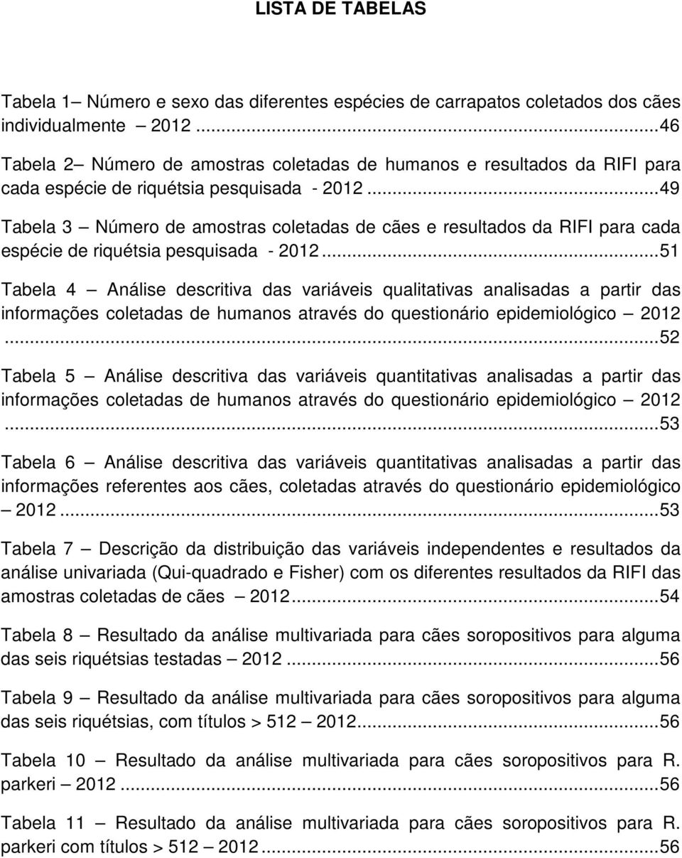.. 49 Tabela 3 Número de amostras coletadas de cães e resultados da RIFI para cada espécie de riquétsia pesquisada - 2012.