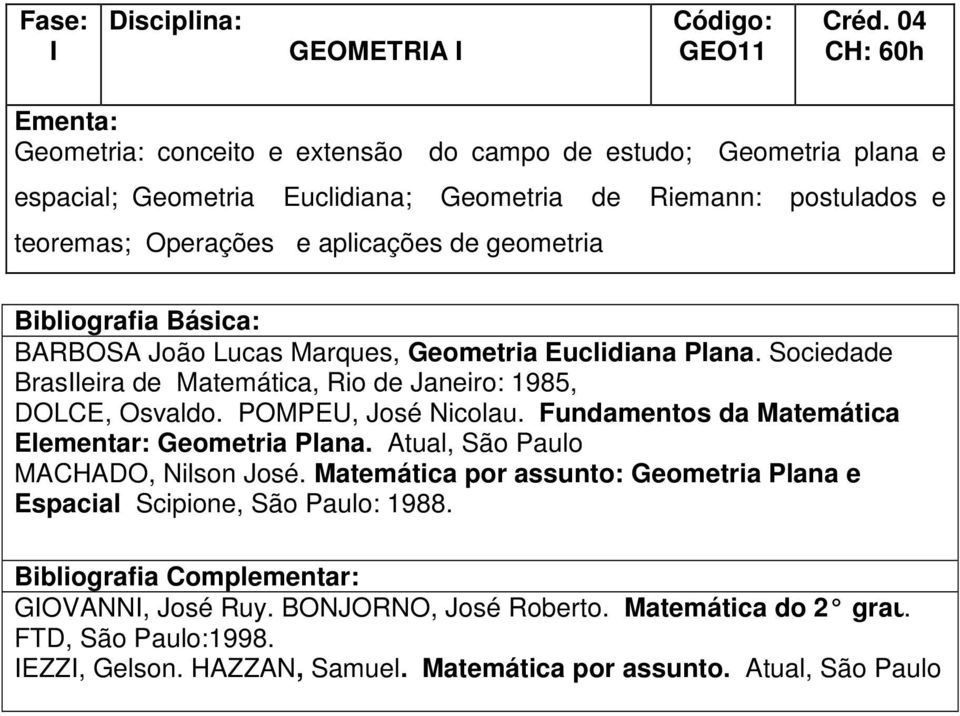 POMPEU, José Nicolau. Fundamentos da Matemática Elementar: Geometria Plana. Atual, São Paulo MACHADO, Nilson José.