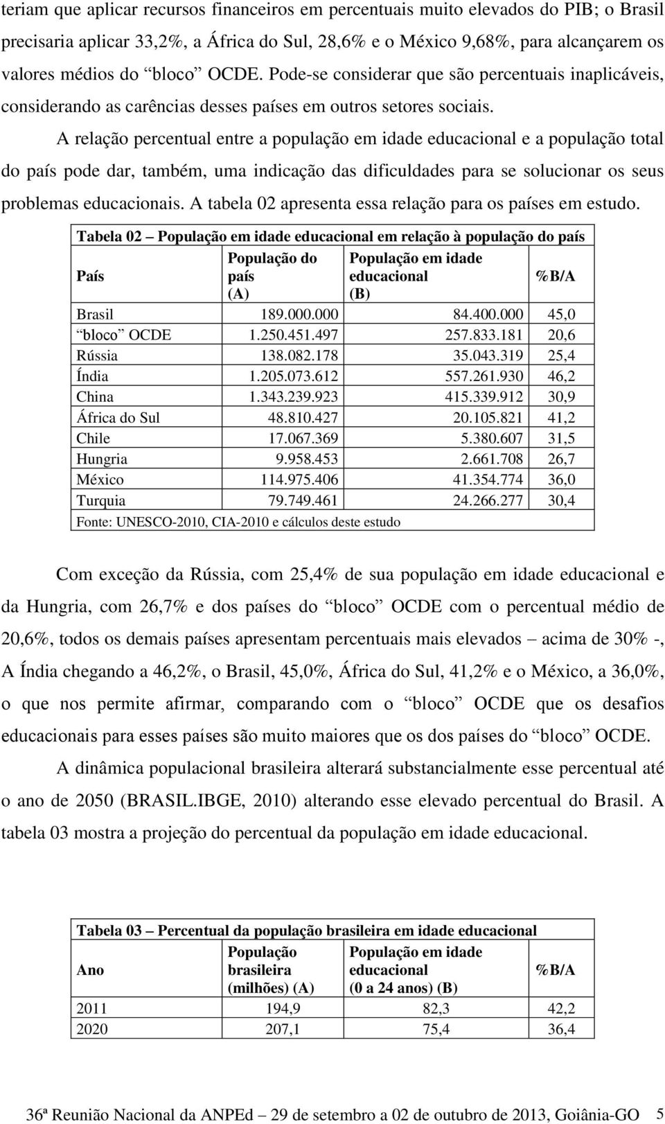 A relação percentual entre a população em idade educacional e a população total do país pode dar, também, uma indicação das dificuldades para se solucionar os seus problemas educacionais.