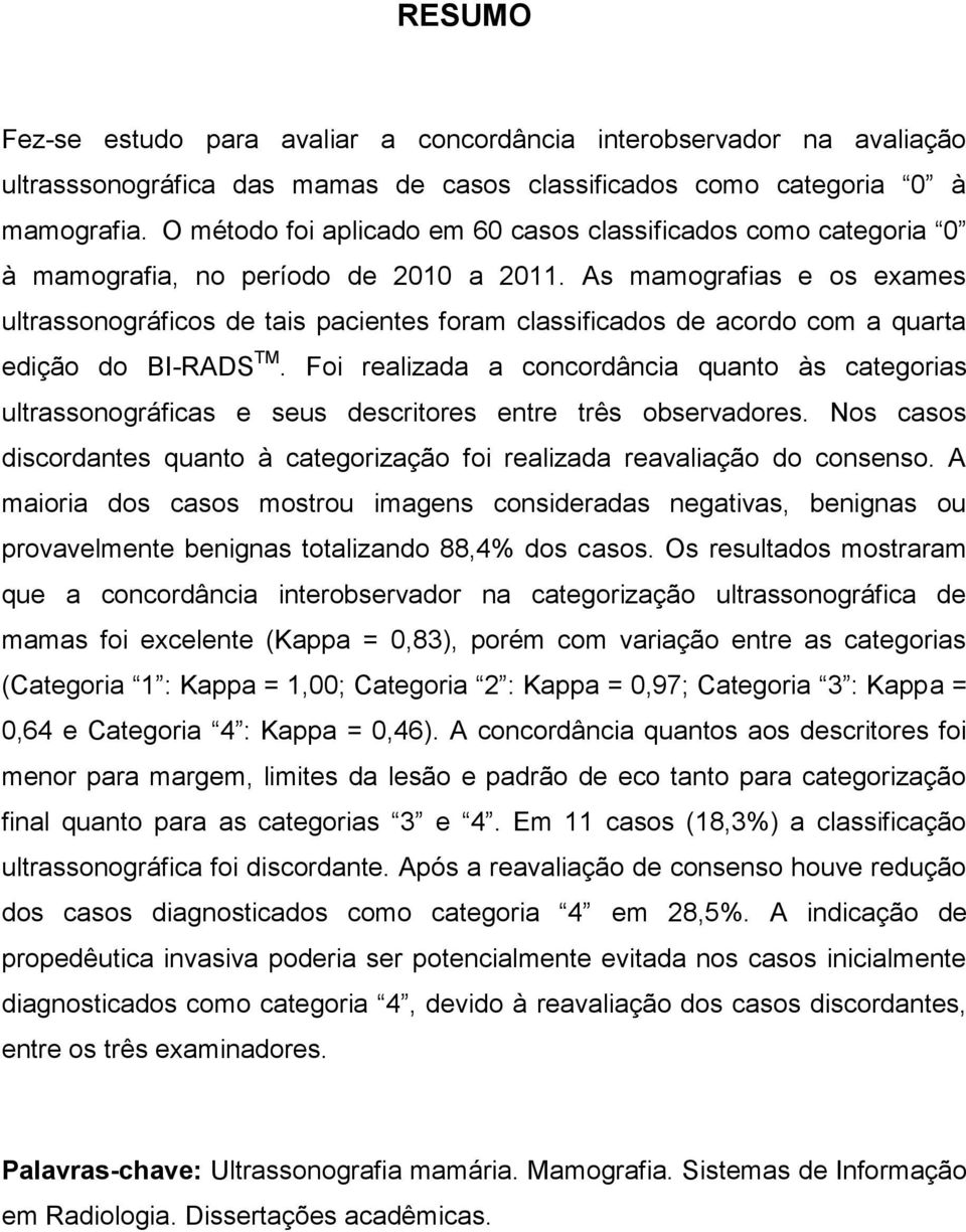 As mamografias e os exames ultrassonográficos de tais pacientes foram classificados de acordo com a quarta edição do BI-RADS TM.