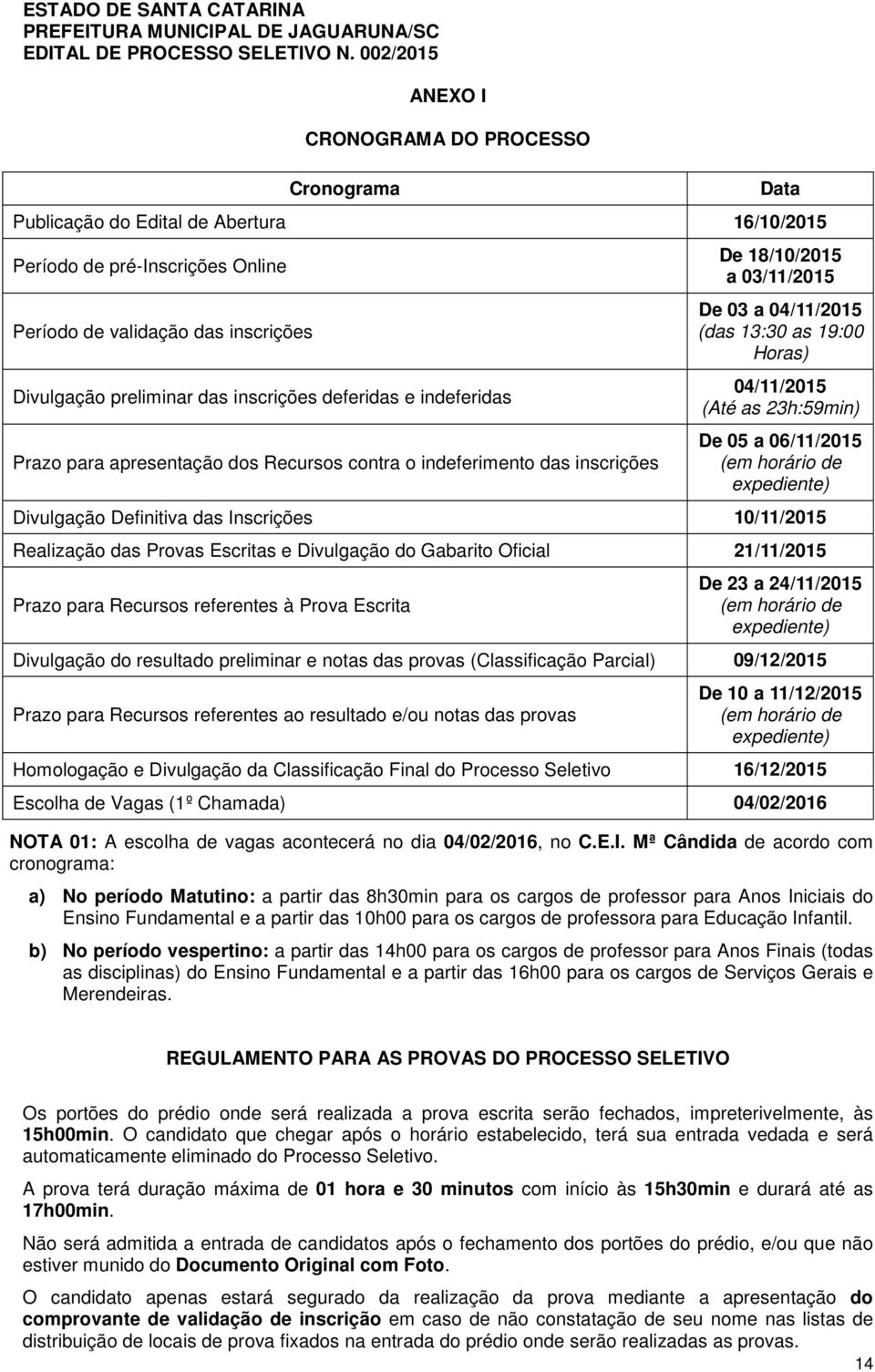 inscrições deferidas e indeferidas Prazo para apresentação dos Recursos contra o indeferimento das inscrições Data De 18/10/2015 a 03/11/2015 De 03 a 04/11/2015 (das 13:30 as 19:00 Horas) 04/11/2015