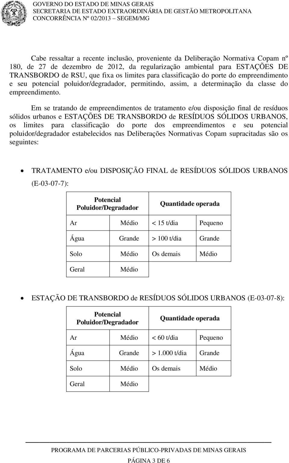 Em se tratando de empreendimentos de tratamento e/ou disposição final de resíduos sólidos urbanos e ESTAÇÕES DE TRANSBORDO de RESÍDUOS SÓLIDOS URBANOS, os limites para classificação do porte dos