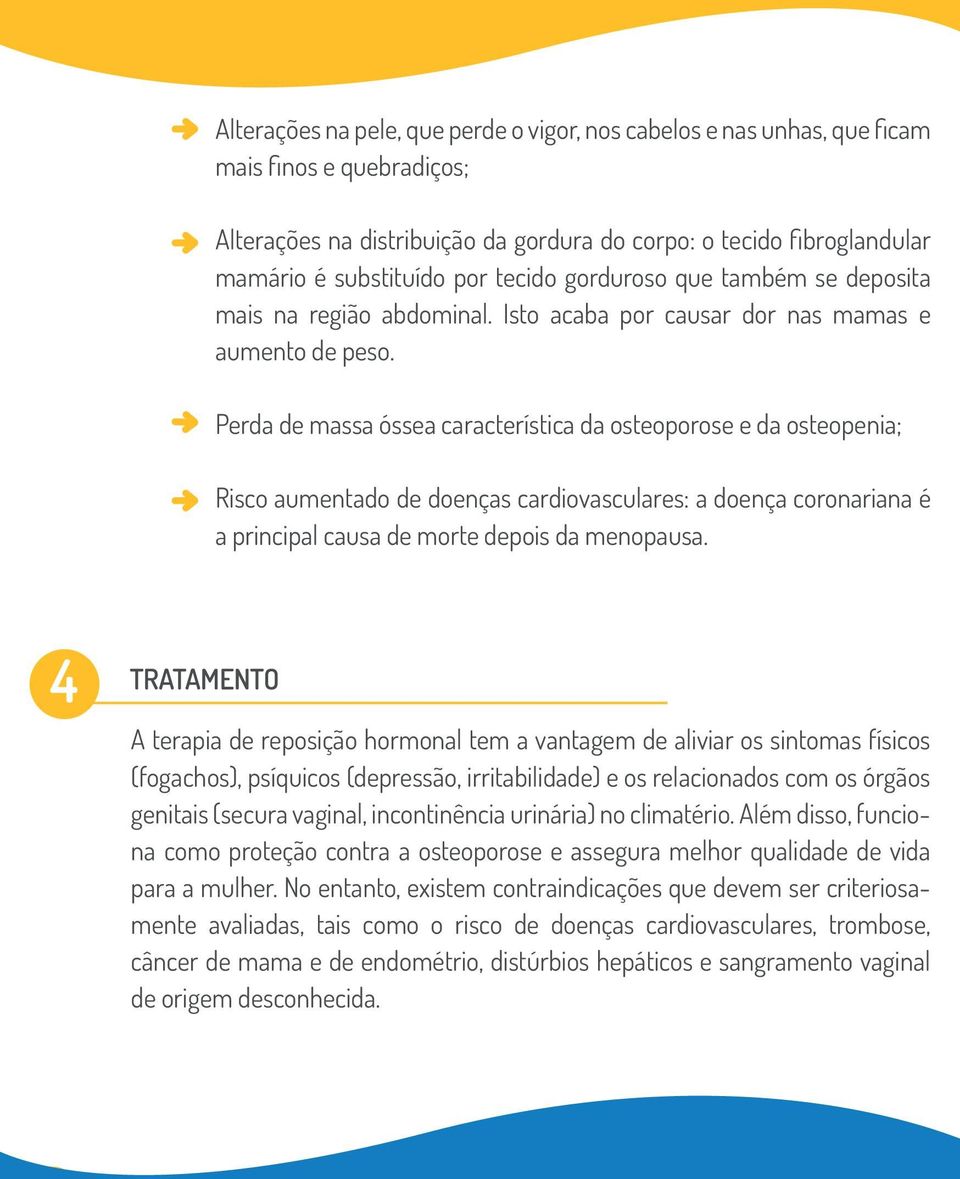 Perda de massa óssea característica da osteoporose e da osteopenia; Risco aumentado de doenças cardiovasculares: a doença coronariana é a principal causa de morte depois da menopausa.