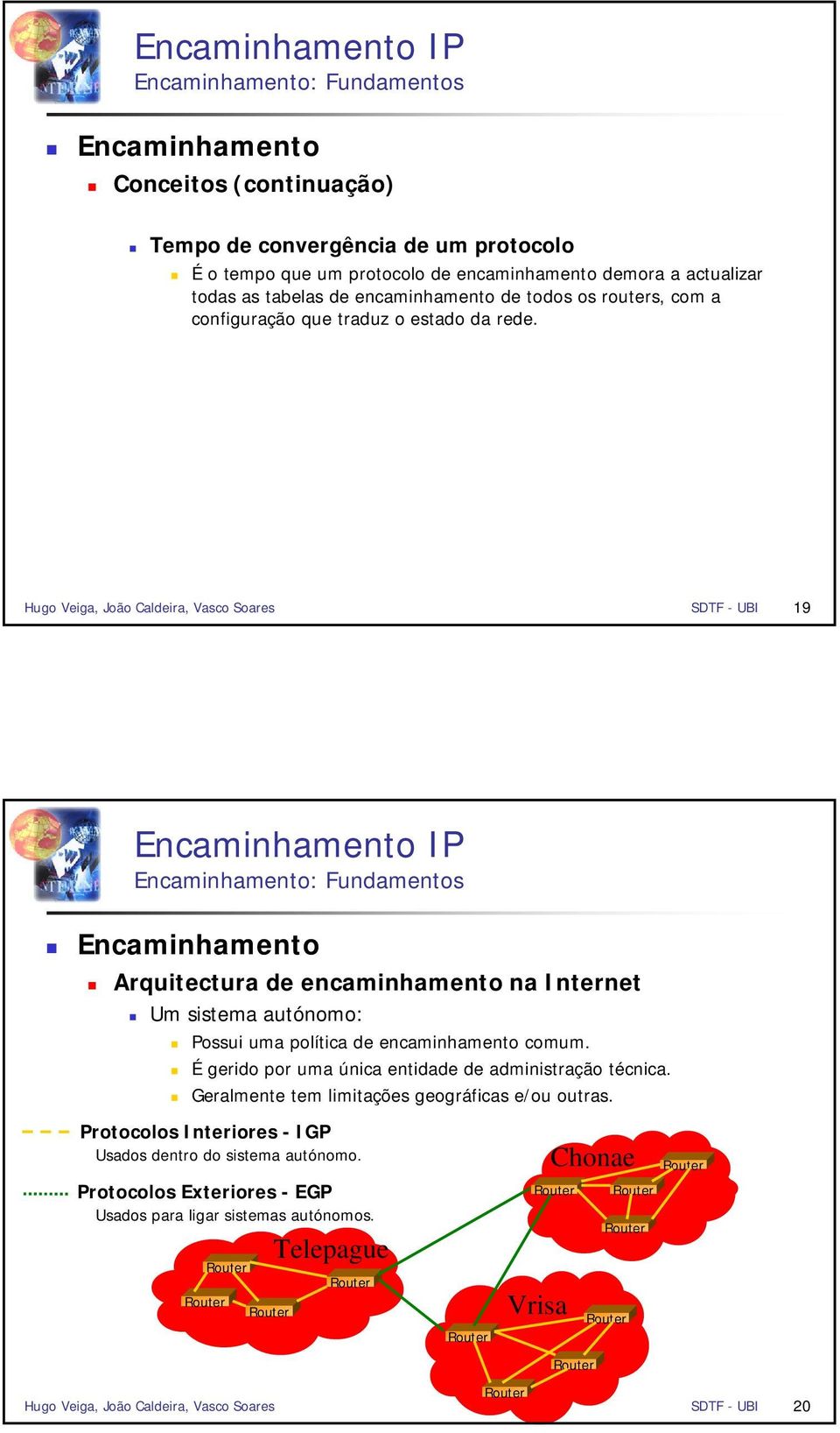 Hugo Veiga, João Caldeira, Vasco Soares SDTF - UBI 9 Arquitectura de encaminhamento na Internet Um sistema autónomo: Possui uma política de encaminhamento comum.