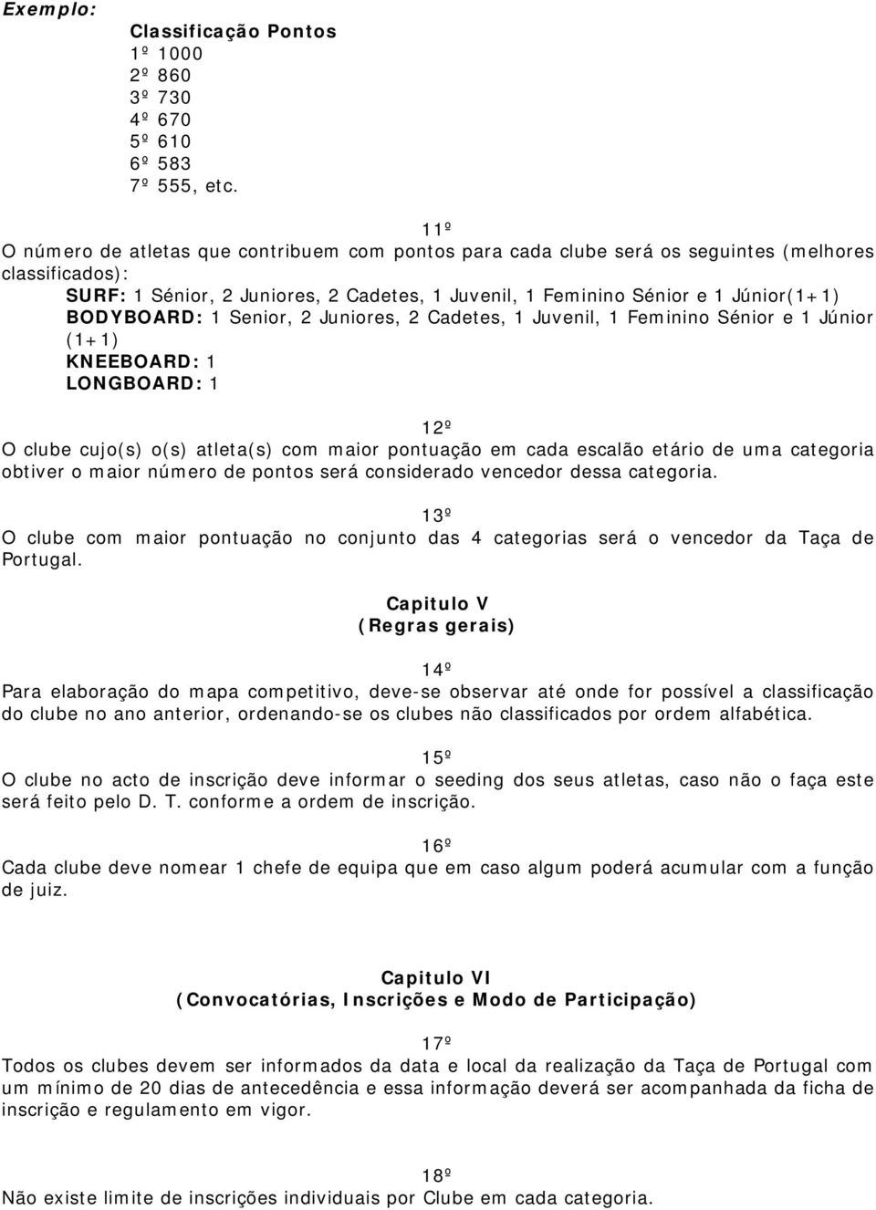 BODYBOARD: 1 Senior, 2 Juniores, 2 Cadetes, 1 Juvenil, 1 Feminino Sénior e 1 Júnior (1+1) KNEEBOARD: 1 LONGBOARD: 1 12º O clube cujo(s) o(s) atleta(s) com maior pontuação em cada escalão etário de