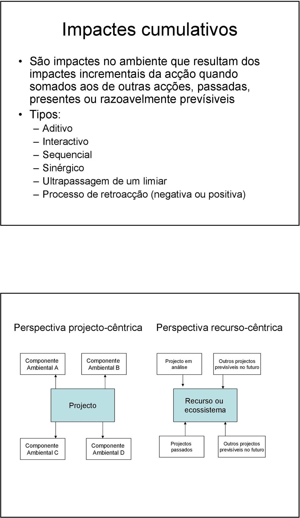 retroacção (negativa ou positiva) Perspectiva projecto-cêntrica Perspectiva recurso-cêntrica Ambiental A Ambiental B Projecto em análise