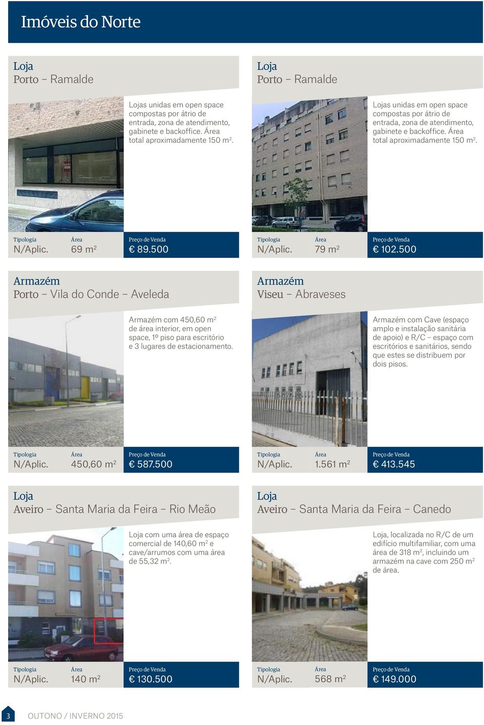 500 Porto Vila do Conde Aveleda Viseu Abraveses com 450,60 m 2 de área interior, em open space, 1º piso para escritório e 3 lugares de estacionamento.