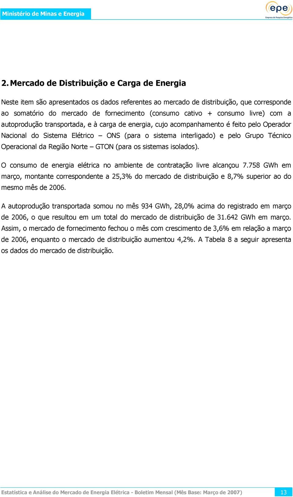 Operacional da Região Norte GTON (para os sistemas isolados). O consumo de energia elétrica no ambiente de contratação livre alcançou 7.