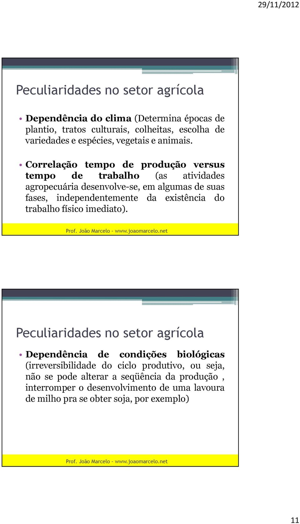 Correlação tempo de produção versus tempo de trabalho (as atividades agropecuária desenvolve-se, em algumas de suas fases, independentemente da