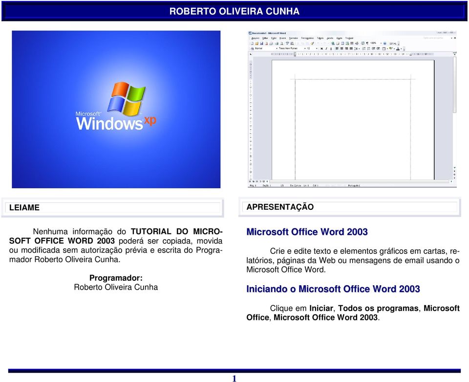 Programador: Roberto Oliveira Cunha Microsoft Office Word 2003 Crie e edite texto e elementos gráficos em cartas, relatórios,