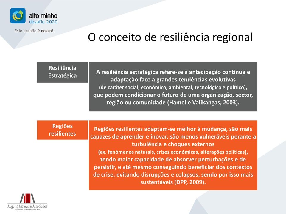 Regiões resilientes Regiões resilientes adaptam-se melhor à mudança, são mais capazes de aprender e inovar, são menos vulneráveis perante a turbulência e choques externos (ex.