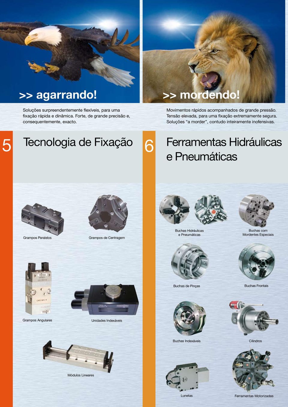 Tecnologia de Fixação 5 6 Ferramentas Hidráulicas e Pneumáticas Grampos Paralelos Grampos de Centragem Buchas Hidráulicas e Pneumáticas Buchas com Mordentes