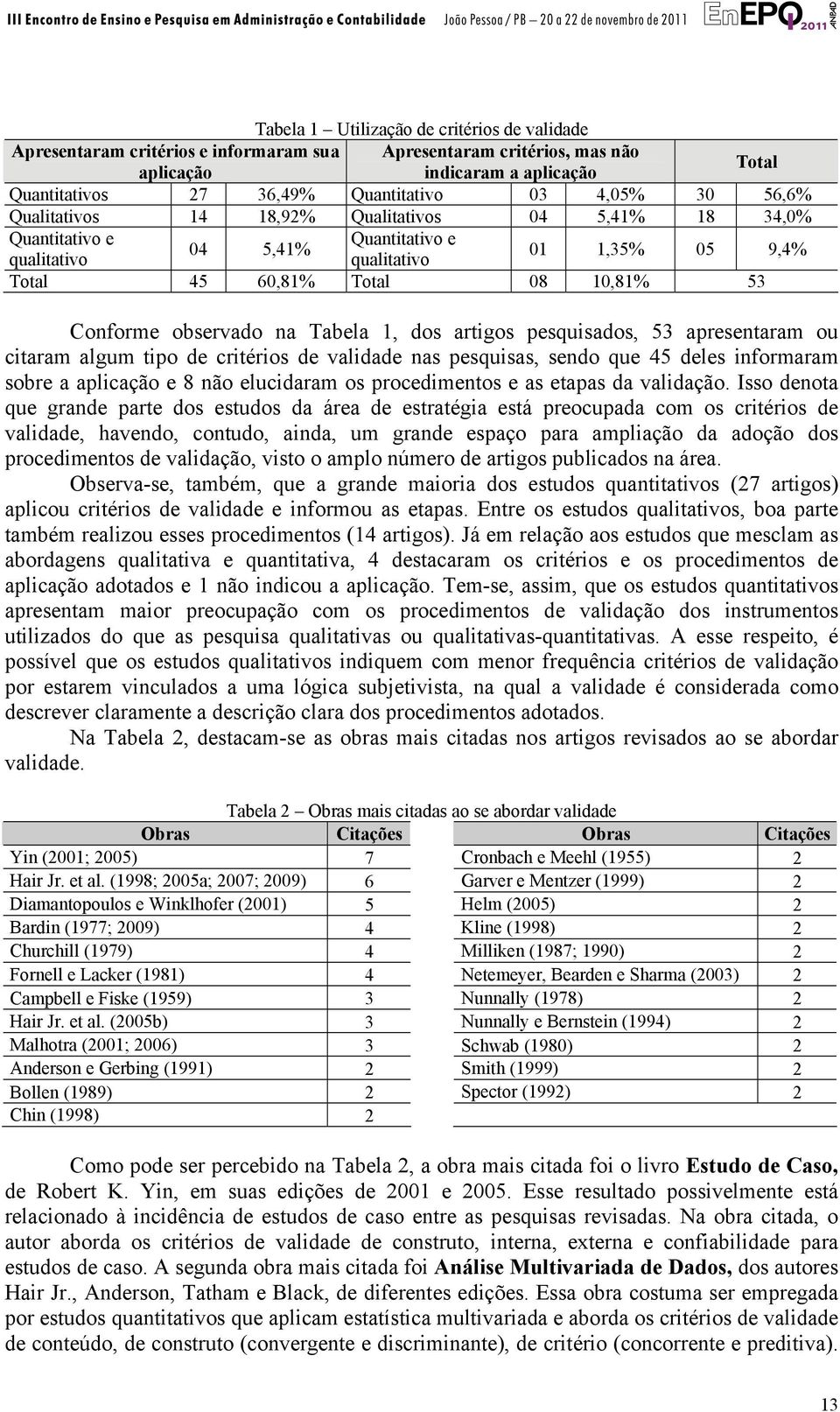 observado na Tabela 1, dos artigos pesquisados, 53 apresentaram ou citaram algum tipo de critérios de validade nas pesquisas, sendo que 45 deles informaram sobre a aplicação e 8 não elucidaram os