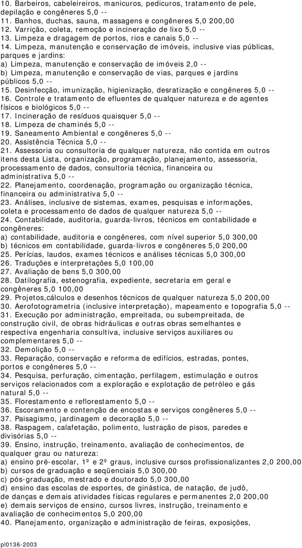 Limpeza, manutenção e conservação de imóveis, inclusive vias públicas, parques e jardins: a) Limpeza, manutenção e conservação de imóveis 2,0 -- b) Limpeza, manutenção e conservação de vias, parques