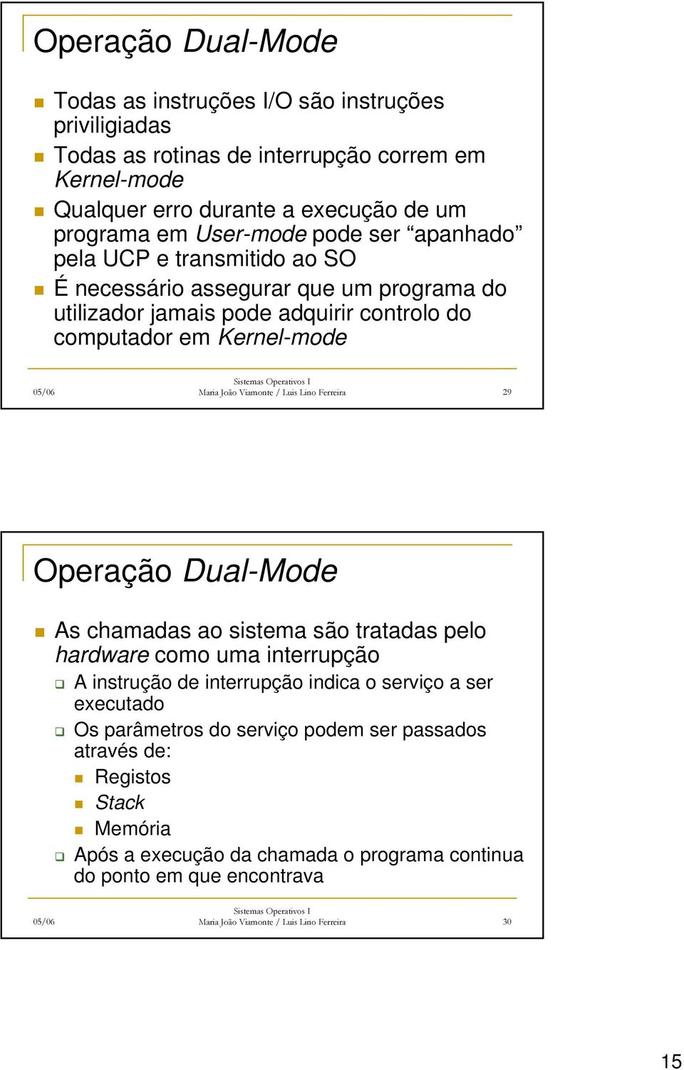 Viamonte / Luis Lino Ferreira 29 Operação Dual-Mode As chamadas ao sistema são tratadas pelo hardware como uma interrupção A instrução de interrupção indica o serviço a ser executado