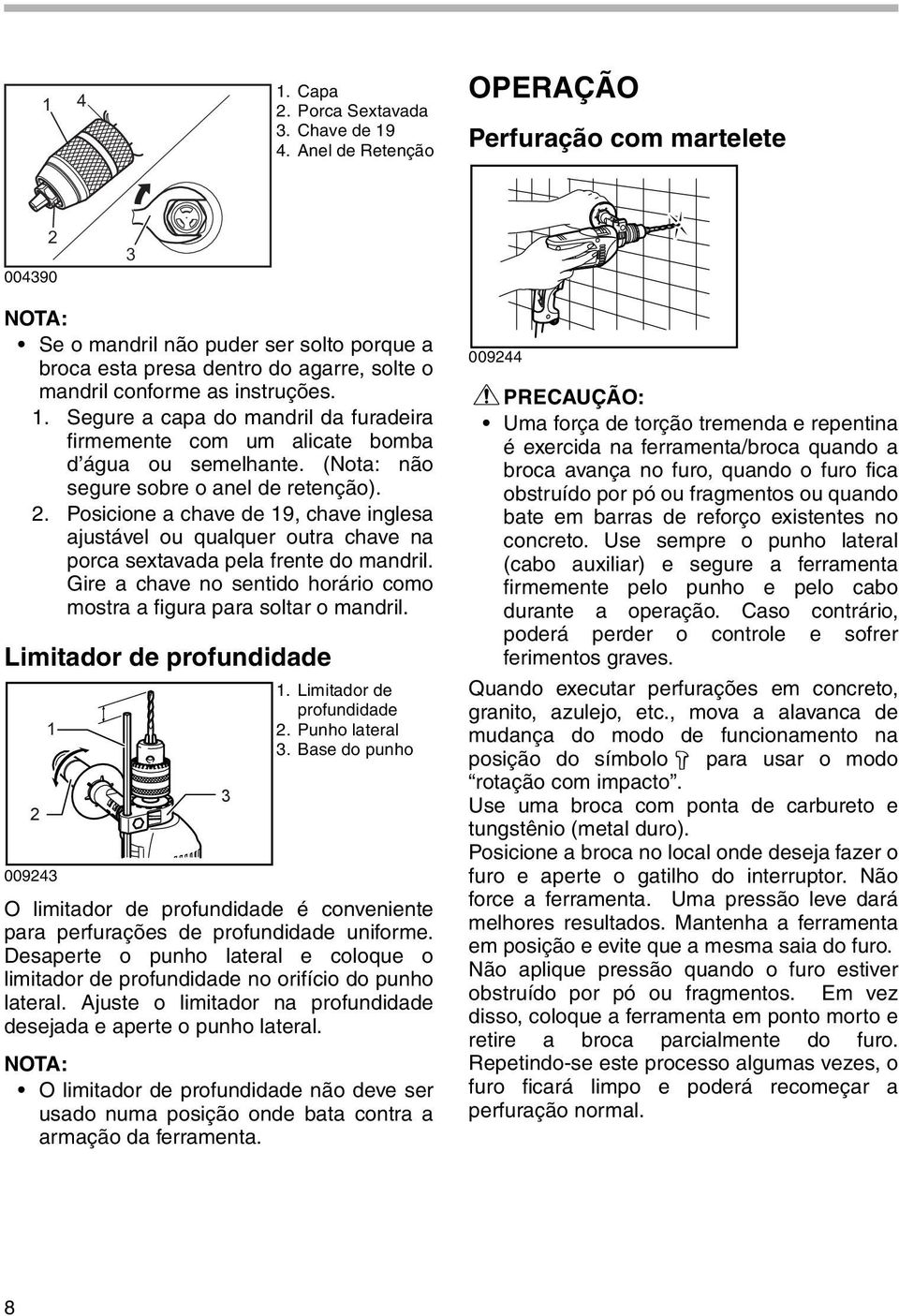 . Segure a capa do mandril da furadeira firmemente com um alicate bomba d água ou semelhante. (Nota: não segure sobre o anel de retenção).