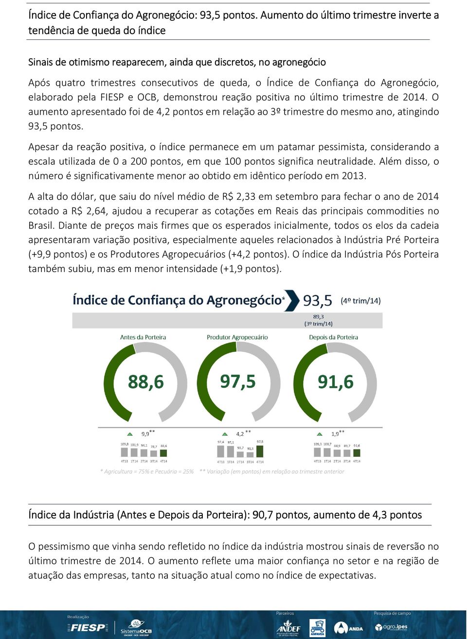 Confiança do Agronegócio, elaborado pela FIESP e OCB, demonstrou reação positiva no último trimestre de 2014.