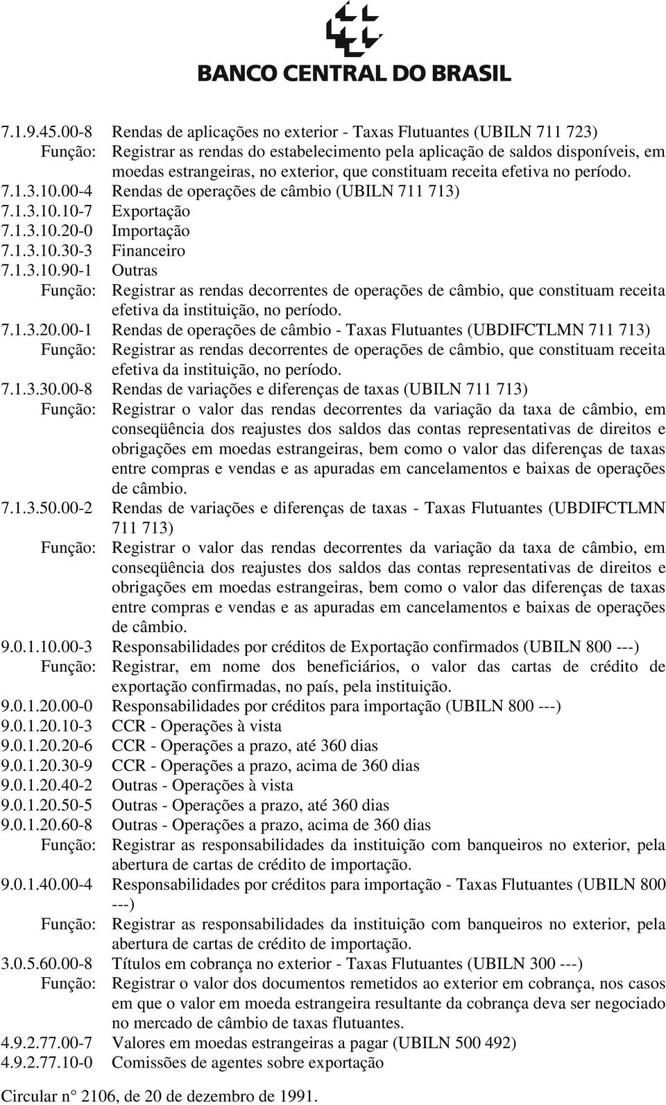 constituam receita efetiva no período. 7.1.3.10.00-4 Rendas de operações de câmbio (UBILN 711 713) 7.1.3.10.10-7 Exportação 7.1.3.10.20-0 Importação 7.1.3.10.30-3 Financeiro 7.1.3.10.90-1 Outras Função: Registrar as rendas decorrentes de operações de câmbio, que constituam receita efetiva da instituição, no período.