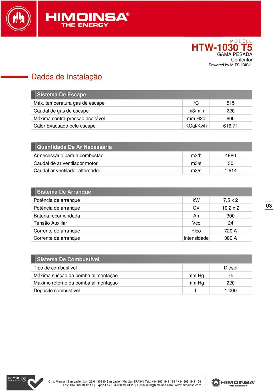 Necessária Ar necessário para a combustão m3/h 4980 Caudal de ar ventilador motor m3/s 30 Caudal ar ventilador alternador m3/s 1,614 Sistema De Arranque Potência de arranque kw 7,5