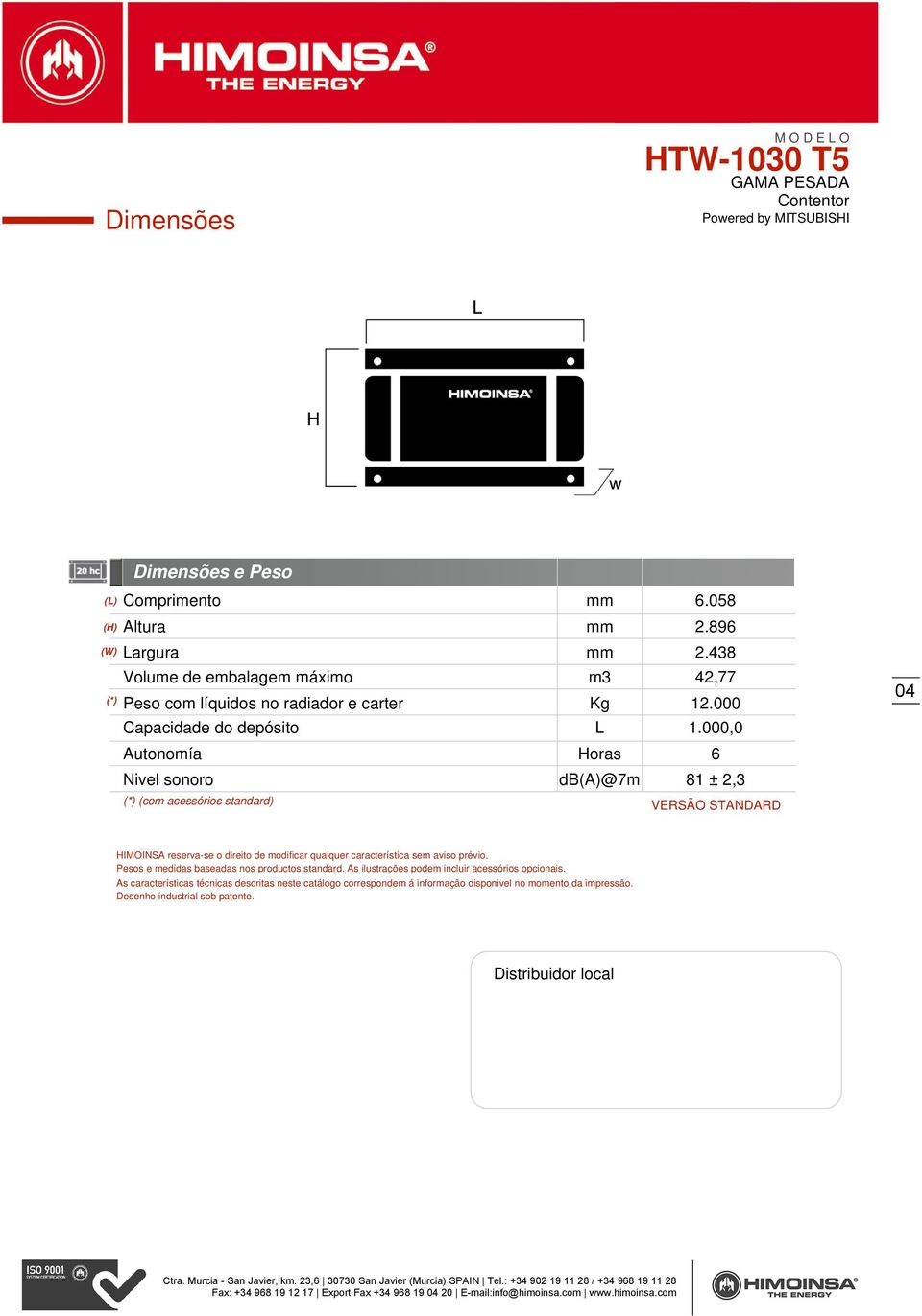 000,0 Autonomía Horas 6 Nivel sonoro db(a)@7m 81 ± 2,3 (*) (com acessórios standard) VERSÃO STANDARD HIMOINSA reserva-se o direito de modificar qualquer