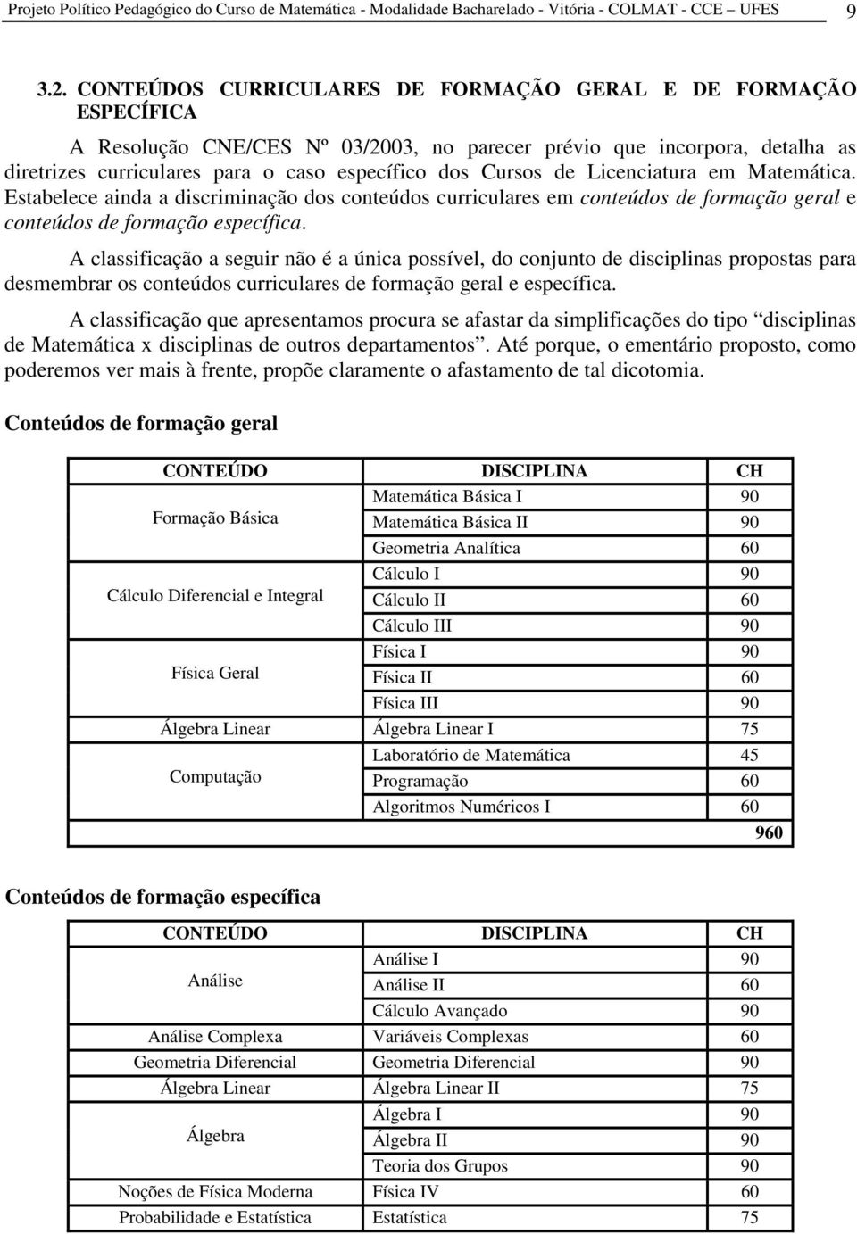 de Licenciatura em Matemática. Estabelece ainda a discriminação dos conteúdos curriculares em conteúdos de formação geral e conteúdos de formação específica.