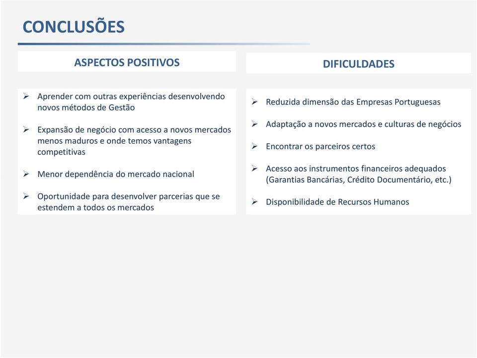 que se estendem a todos os mercados Reduzida dimensão das Empresas Portuguesas Adaptação a novos mercados e culturas de negócios Encontrar os