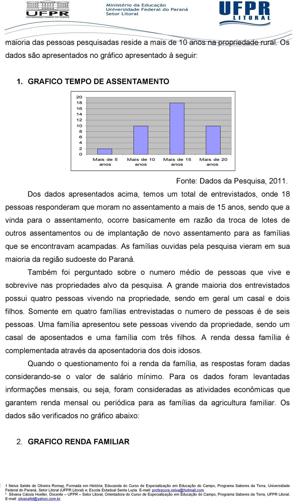 Dos dados apresentados acima, temos um total de entrevistados, onde 18 pessoas responderam que moram no assentamento a mais de 15 anos, sendo que a vinda para o assentamento, ocorre basicamente em